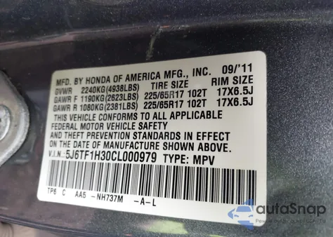2012 Honda Crosstour Ex from USA, damaged, VIN 5J6TF1H30CL000979